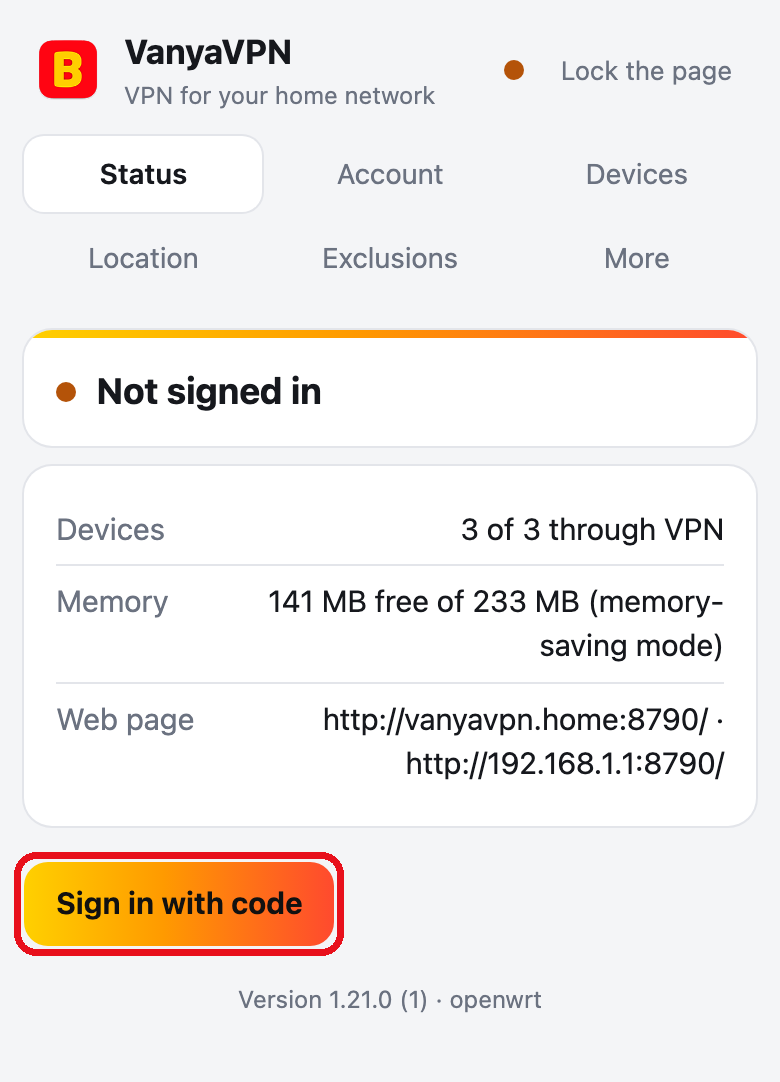 Router page, Status tab saying Not signed in. The Sign in with code button is framed